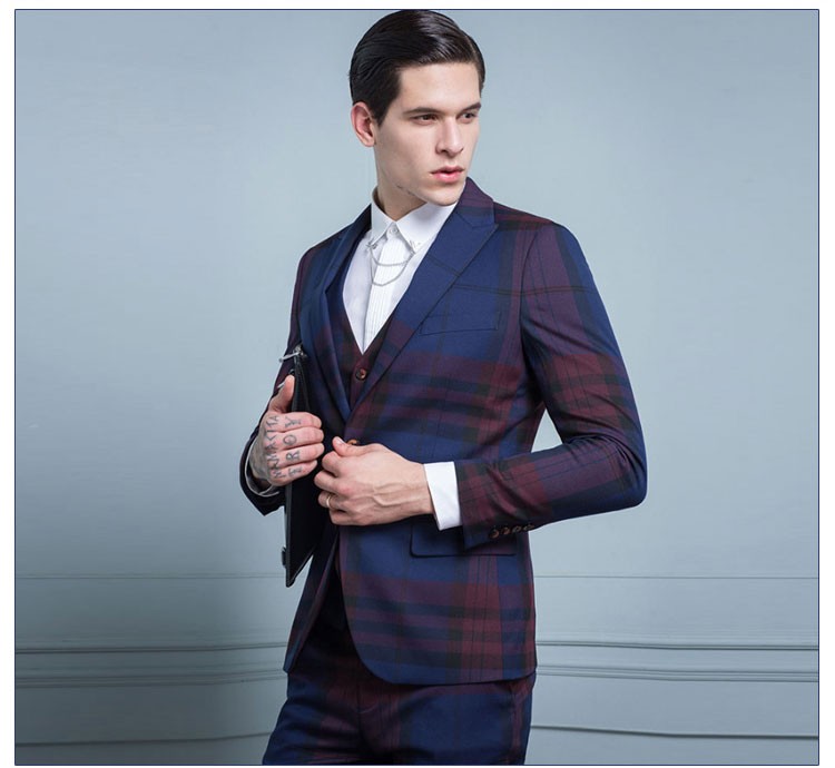 사용자 정의 디자인 남자 패션 짠 V 넥 싱글 브레스트 다크 블루 레드 격자 무늬 정장