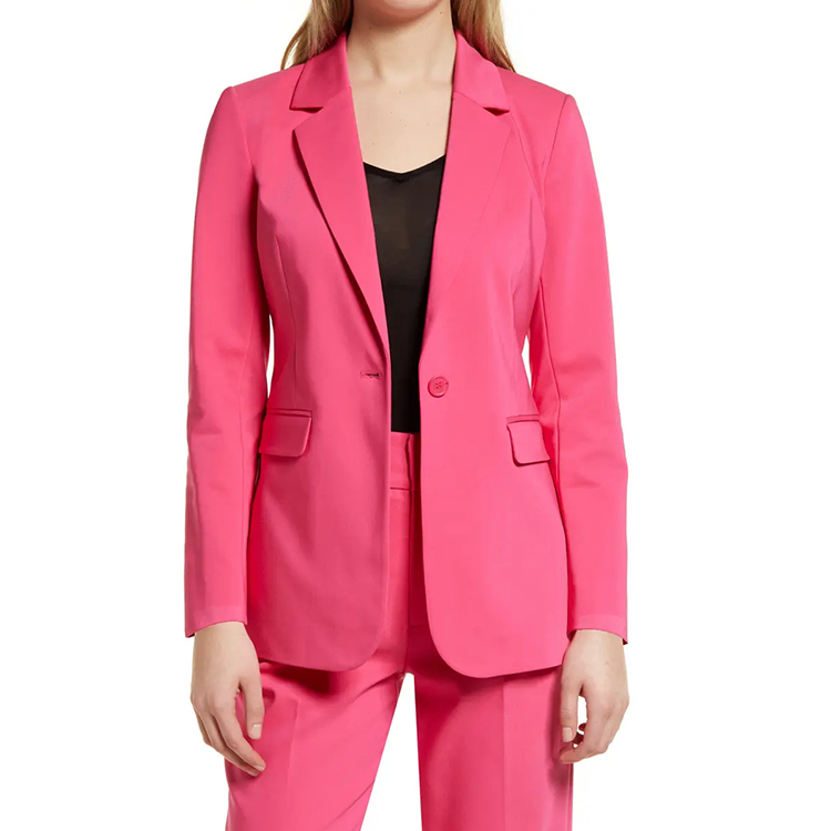 솔리드 핑크 컬러 여성용 긴 소매 싱글 버튼 V 넥 정장 (포켓 포함)