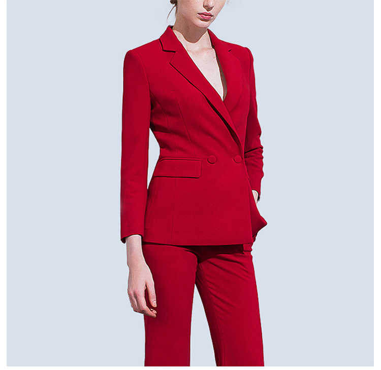 유행 숙녀 빨간 긴 소매 단 하나 브레스트 재킷 한 벌 세트를 주문 디자인하십시오