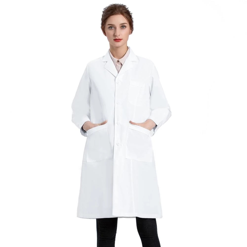 3개의 주머니를 가진 주문 턴다운 칼라 제복 의료 간호사 의사 백색 실험실 코트
