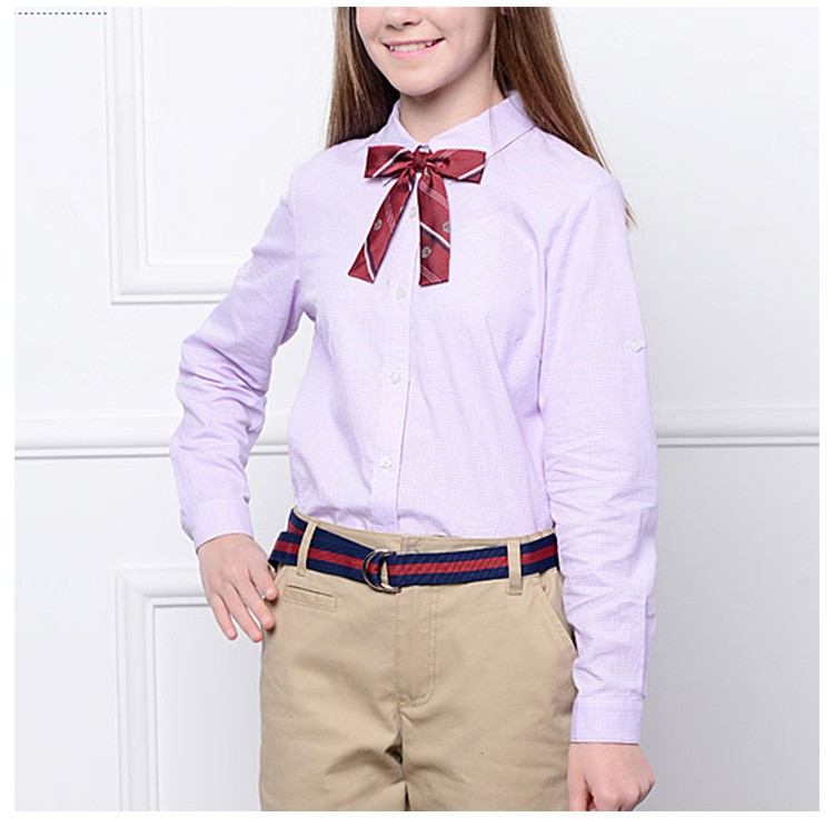 사용자 정의 디자인 100% 면 단색 소녀 긴 소매 턴다운 칼라 셔츠