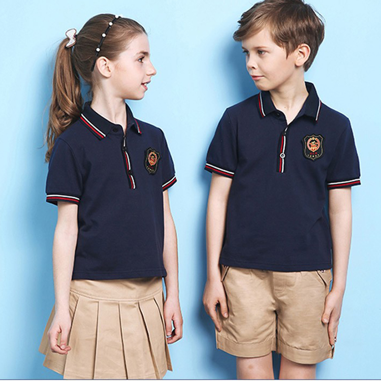 여름 네이비 블루 반팔 아동복 폴로 셔츠 학교 운동복 유니폼
