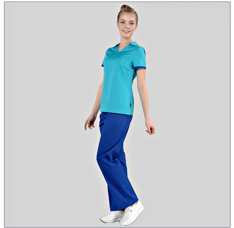 유행 청록색 여성 간호사 스크럽 정장 디자인 반팔 V 넥 병원 유니폼