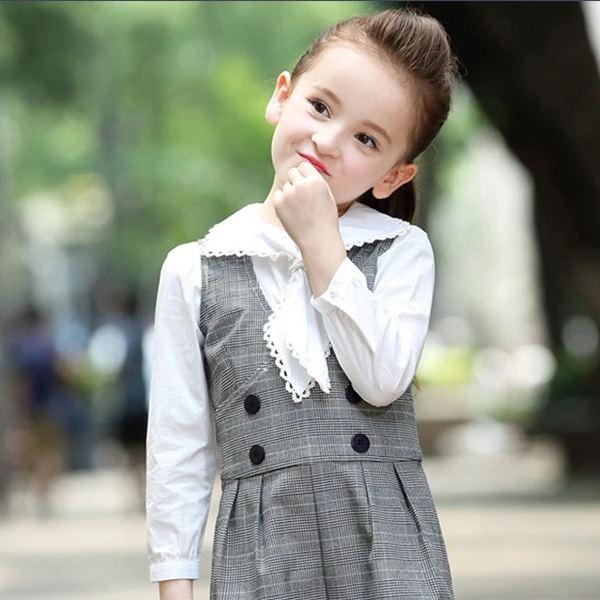 유행 2개 조각 어린 소녀 긴 소매 레이스 셔츠와 회색 격자 무늬 장난꾸러기를 주문 설계하십시오