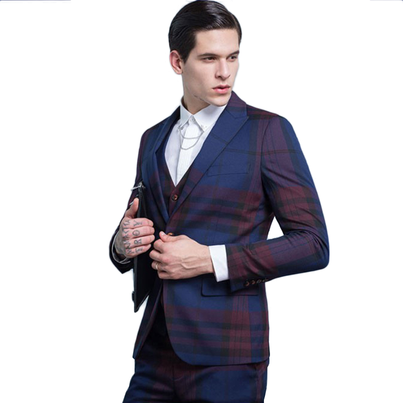 OEM 패션 남자 레드 블루 격자 무늬 싱글 브레스트 V 넥 블레이저 정장을 주문 설계하십시오