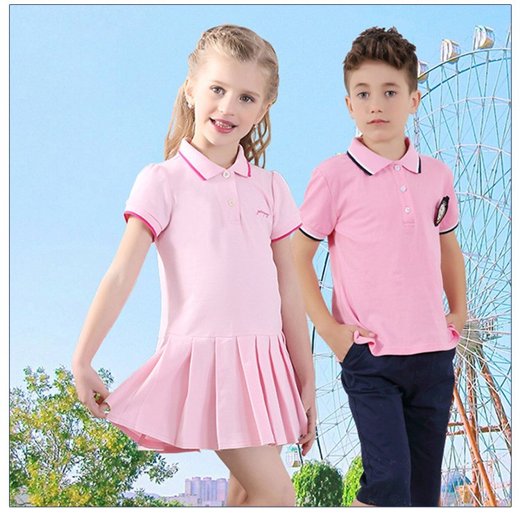 사용자 정의 디자인 100% 면 유치원 여름 유니폼 편안한 소년과 소녀 패션 핑크 폴로 셔츠 한 벌