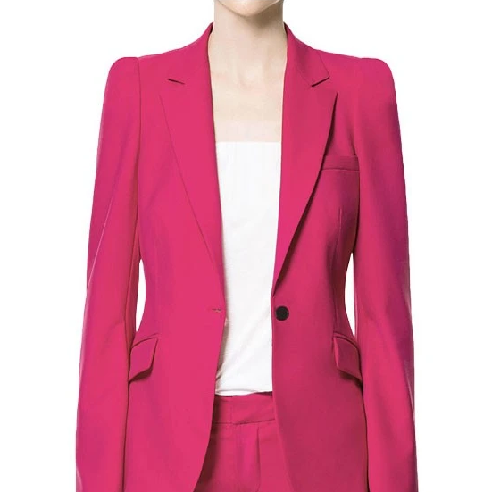 유행 단 하나 단추 분홍색 여자 긴 소매 V 목 블레이저 양복과 바지를 주문 설계하십시오