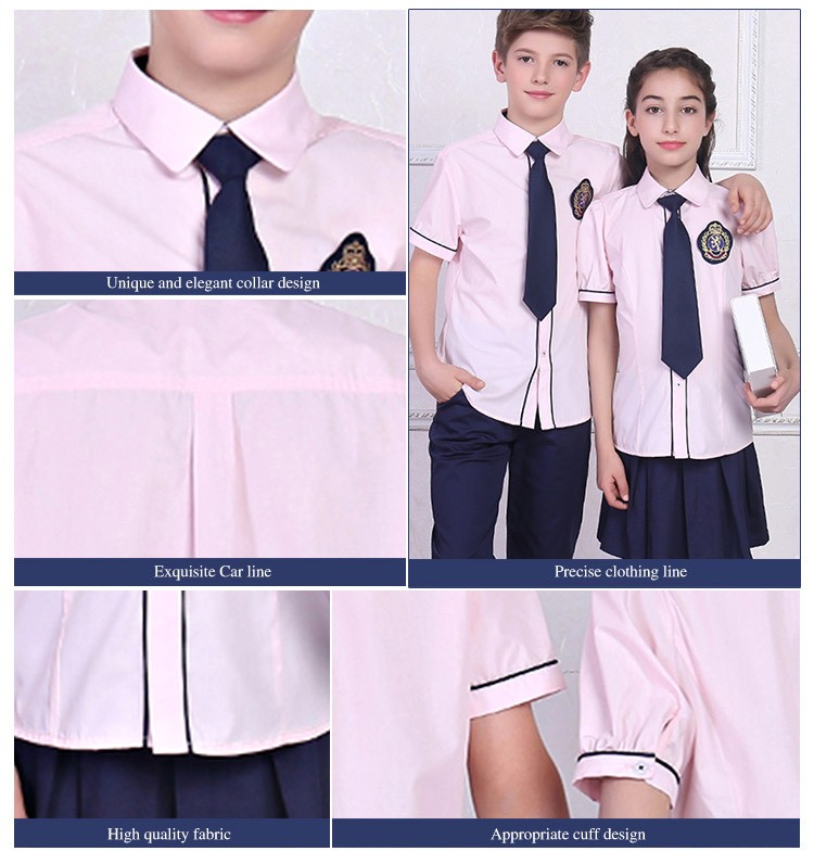 여름 맞춤 디자인 초등 학생 유니폼 반팔 싱글 브레스트 체크 무늬 셔츠 세트